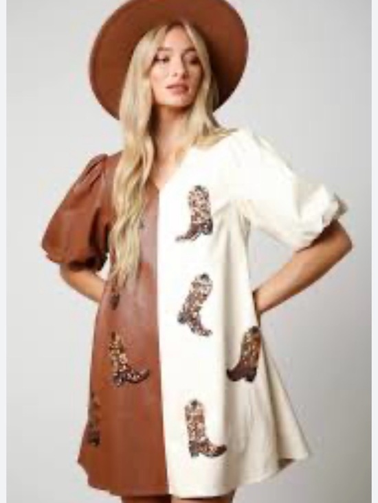 Peach Love California Dresses & Skirts - Peach Love California Brown and Cream Two-Tone Boot Appliqué Mini Dress